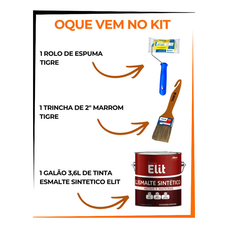 Kit Esmalte Sintético 3,6l + Rolo + Trincha Cores Elit Kit Aluminio Brilhante
