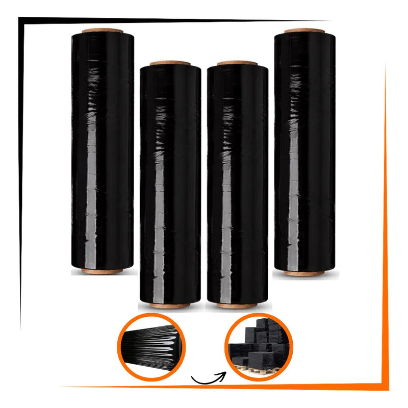 Kit 4 Filme Stretch Preto 500mm 3kg Reforçado Mudança