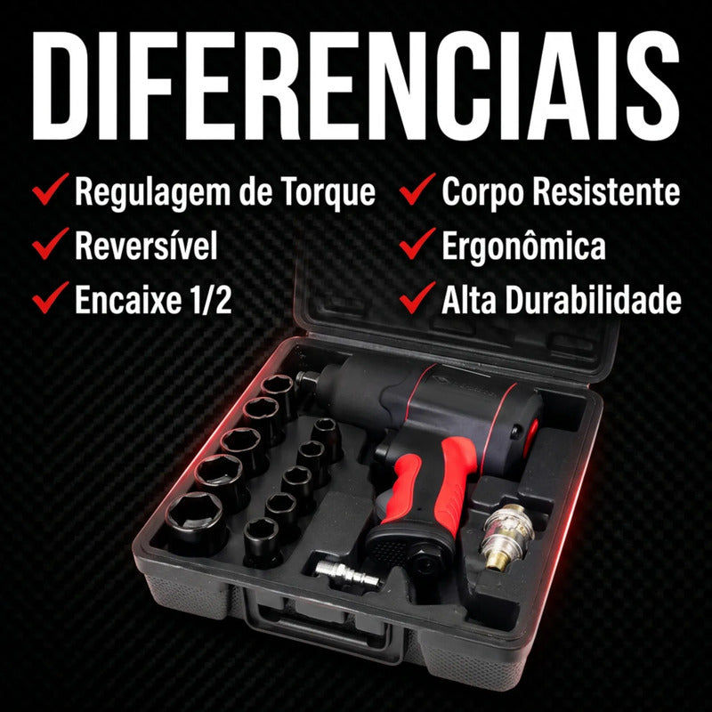 Kit Chave De Impacto Pneumática 1/2 Corneta 17 Peças Maleta Preto