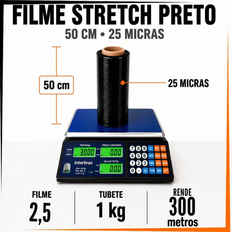 Kit 2 Filme Stretch Preto 500mm 3kg Reforçado Mudança