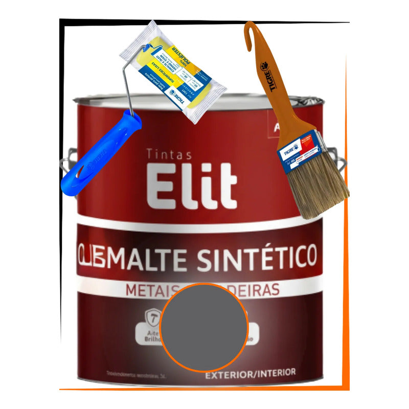 Kit Esmalte Sintético 3,6l + Rolo + Trincha Cores Elit Kit Cinza Escuro Brilhante
