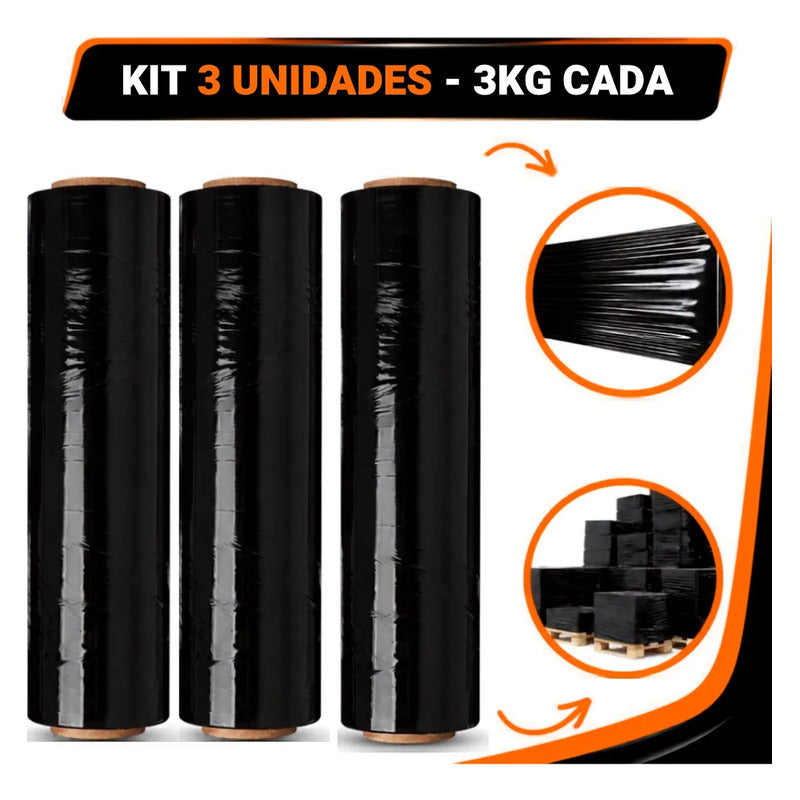Kit 3 Filme Stretch Preto 500mm 3kg Reforçado Mudança