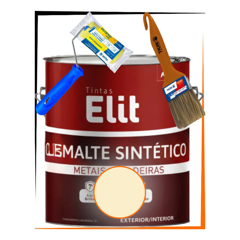 Kit Esmalte Sintético 3,6l + Rolo + Trincha Cores Elit Kit Marfim Brilhante