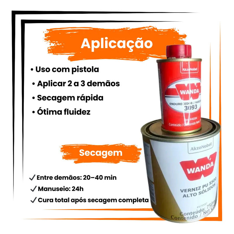 Verniz Pu Wanda 5500 750ml + Catalisador Alto Brilho Automot
