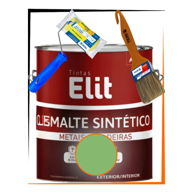 Kit Esmalte Sintético 3,6l + Rolo + Trincha Cores Elit Kit Verde Nilo Brilhante
