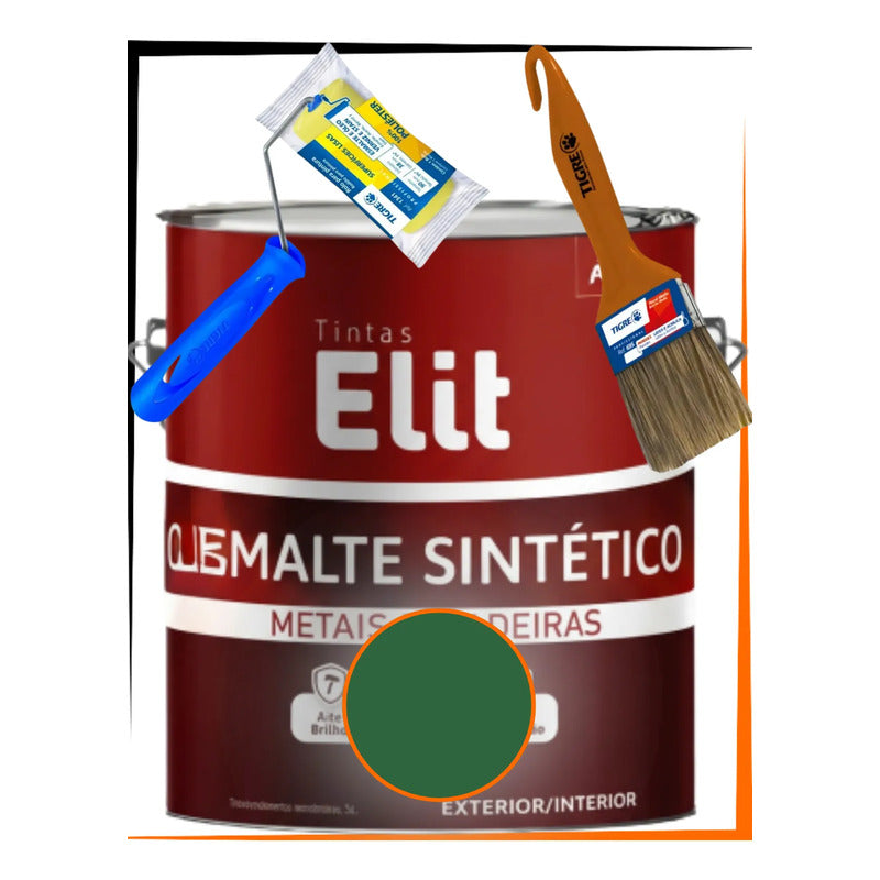 Kit Esmalte Sintético 3,6l + Rolo + Trincha Cores Elit Kit Verde Folha Brilhante
