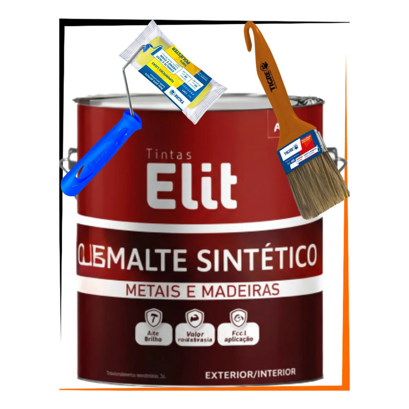 Kit Esmalte Sintético 3,6l + Rolo + Trincha Cores Elit Kit Marrom Brilhante