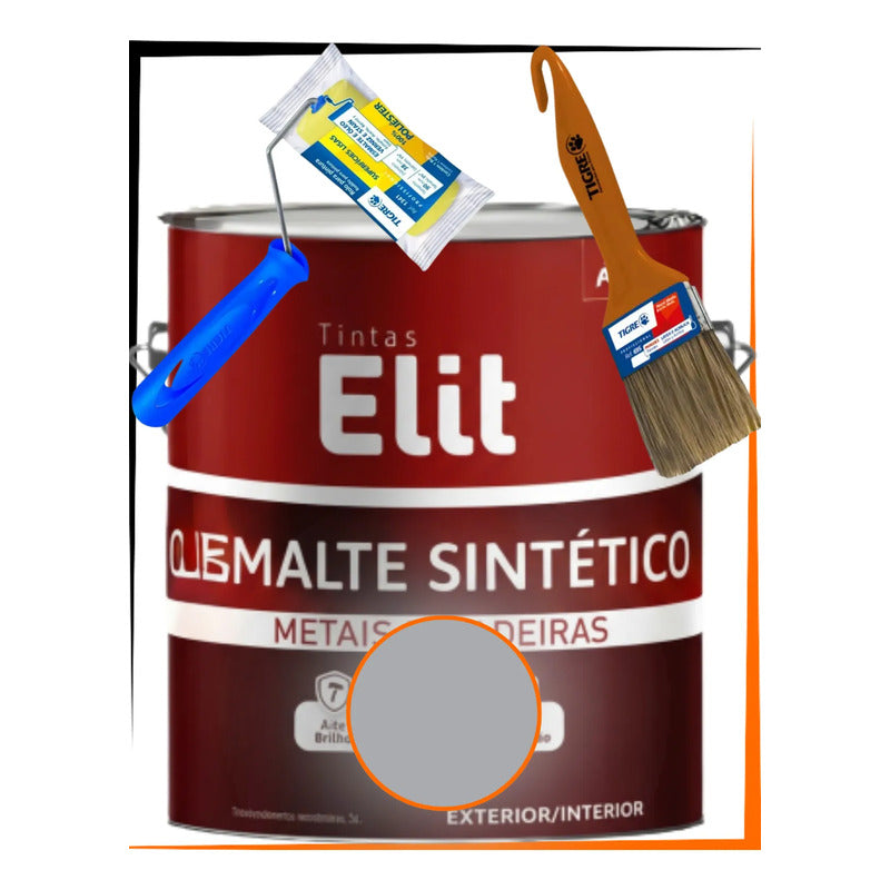 Kit Esmalte Sintético 3,6l + Rolo + Trincha Cores Elit Kit Aluminio Brilhante