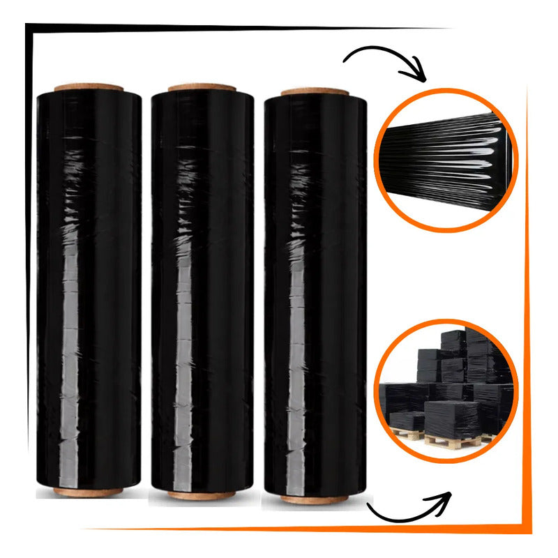 Kit 3 Filme Stretch Preto 500mm 3kg Reforçado Mudança