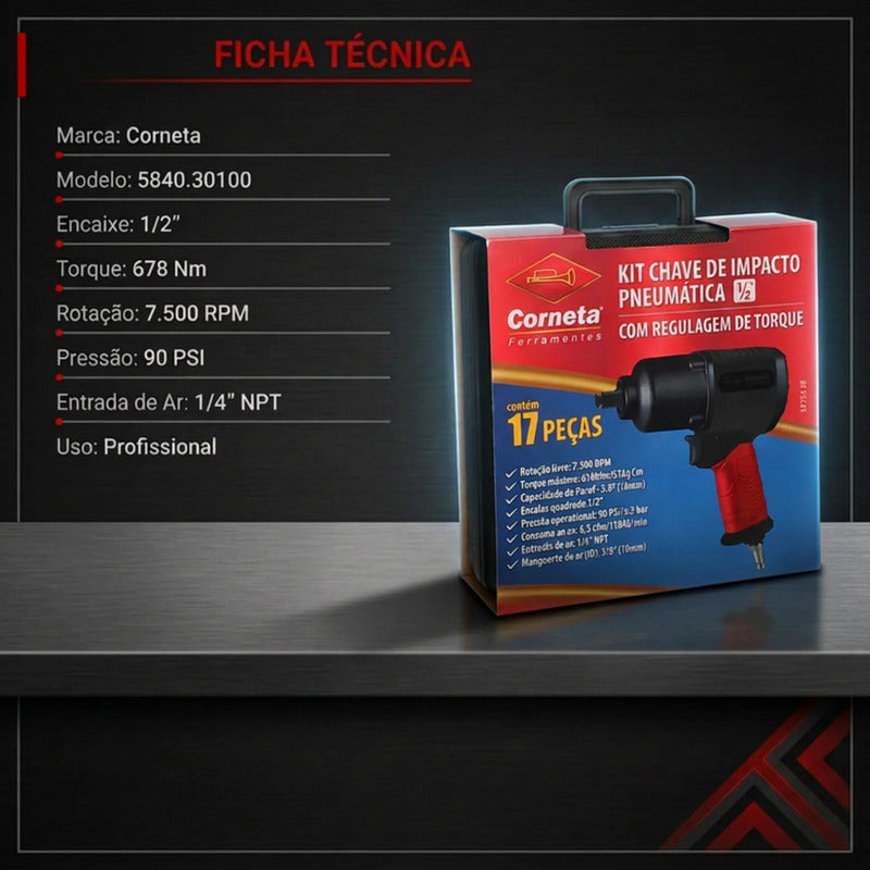 Kit Chave De Impacto Pneumática 1/2 Corneta 17 Peças Maleta Preto