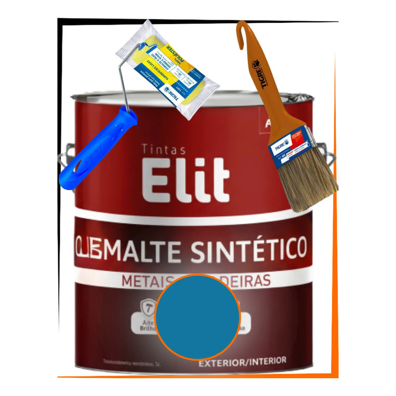 Kit Esmalte Sintético 3,6l + Rolo + Trincha Cores Elit Kit Azul França Brilhante