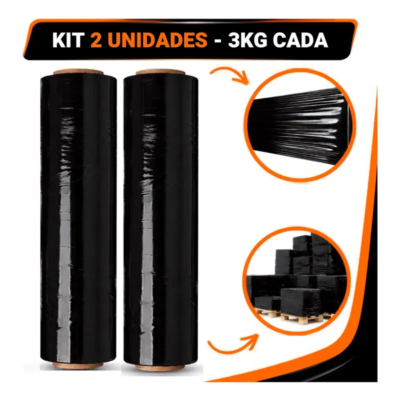 Kit 2 Filme Stretch Preto 500mm 3kg Reforçado Mudança