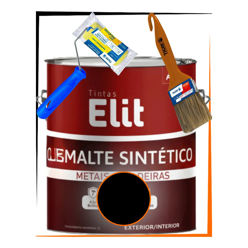 Kit Esmalte Sintético 3,6l + Rolo + Trincha Cores Elit Kit Preto Fosco Brilhante