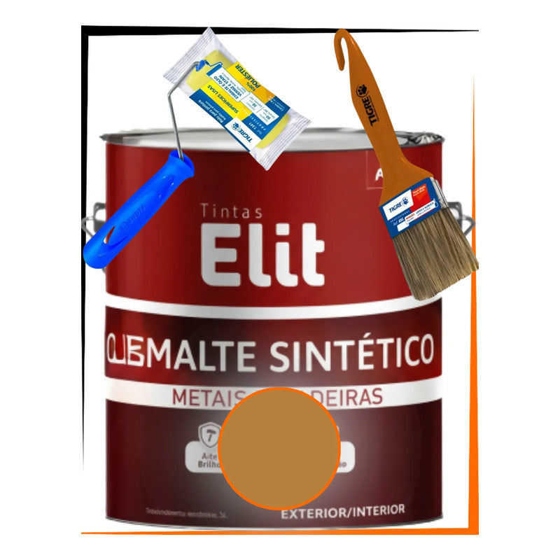 Kit Esmalte Sintético 3,6l + Rolo + Trincha Cores Elit Kit Marrom Conhaque Brilhante