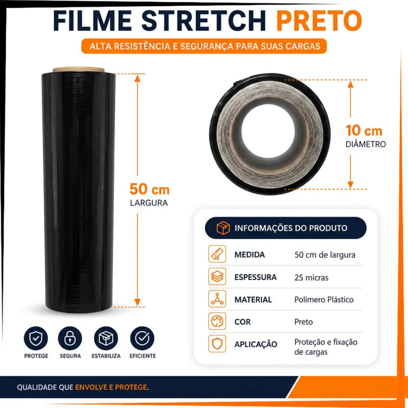 Kit 2 Filme Stretch Preto 500mm 3kg Reforçado Mudança