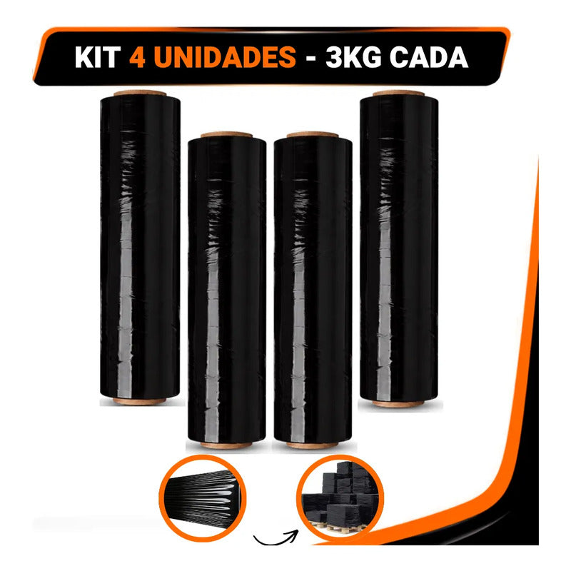 Kit 4 Filme Stretch Preto 500mm 3kg Reforçado Mudança