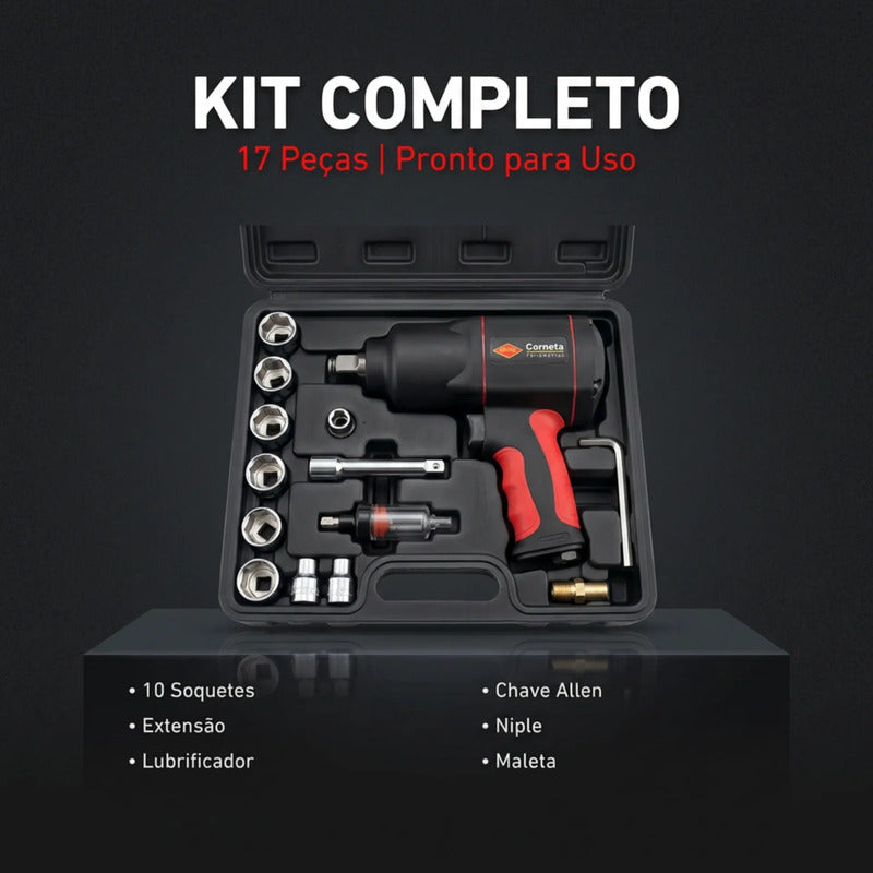Kit Chave De Impacto Pneumática 1/2 Corneta 17 Peças Maleta Preto